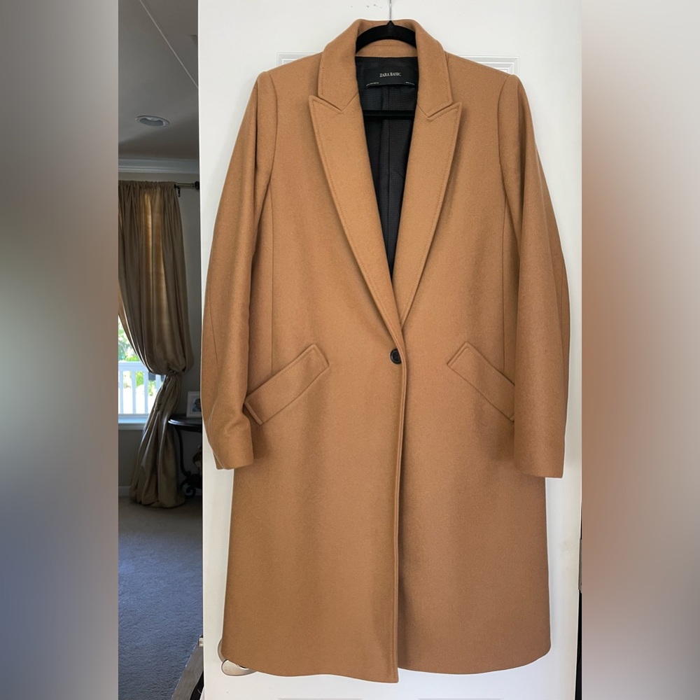 Zara Basic Wool Straight Camel Long Coat - Size M - Excellent Condition